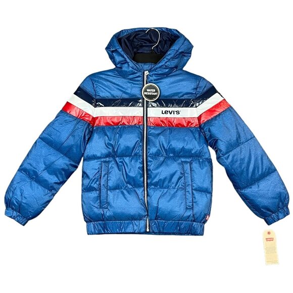 Levis‎ Youth Boys Puffer Jacket Size 8-15 Blue Hooded Full Zip Water Resistant